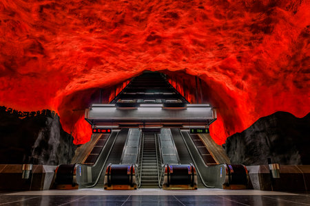 Stockholm underground metro or tunnelbana station Solna Centrum with fire like wall designsのeditorial素材