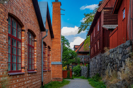 Stockholm, Sweden - August 20, 2017: Preserved traditional swedish old brick and wooden houses in Skansen village, open air museumのeditorial素材