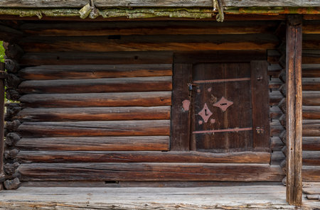 Stockholm, Sweden - August 20, 2017: Preserved traditional swedish old wooden house in Skansen village, open air museumのeditorial素材