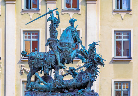 Saint George and the Dragon sculpture on Kopmantorget (Merchant Square), bronze copy by Meyer (1913), in Old Town Gamla Stan; Stockholm; Swedenのeditorial素材