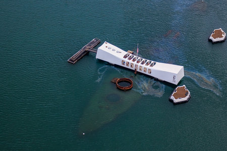Aerial view of USS Arizona Memorial, World War II Valor In The Pacific National Monument in Pearl Harbor Honolulu Hawaiiのeditorial素材