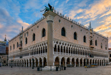 View of the Doge's Palace and Saint Mark column (the column of the Lion) at Saint Mark's (San Marco)...