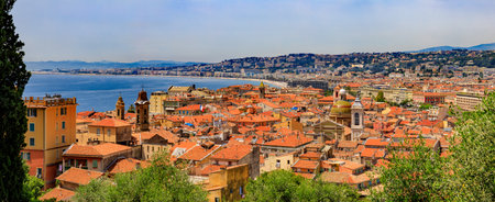 Panoramic view of the Mediterranean coastline and the rooftops of the Old Town, Vieille Ville from the top of Castle Hill in Nice, French Riviera, Cote d'Azur, Franceのeditorial素材