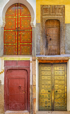 Collage of old traditional wooden intricately carved and studded Moroccan doorsの写真素材