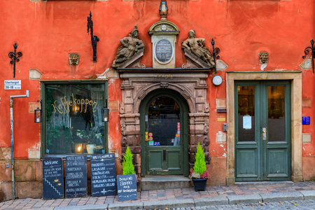 Stockholm, Sweden - October 26, 2017: Cafe at the famous Stortorget square in the heart of Old Town Gamla Stanのeditorial素材