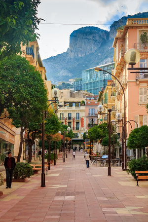 Monaco-Ville, Monaco - October 12, 2013: Pedestrian Street Rue Princess Caroline, full of cafes and restaurantsのeditorial素材