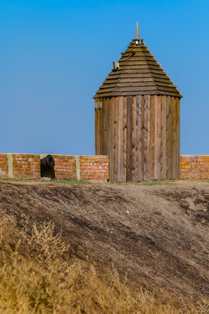 Fortifications and cannons on the ramparts of the Azov fortress founded by Turks of the Ottoman Empire in 1475 and later used for protecting the city from the Turkish invasions in the south of Russiaのeditorial素材