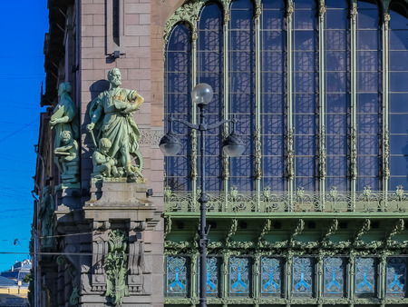 Saint Petersburg, Russia - October 04, 2015: Ornate art deco facade with stained glass window and sculptures of a famous historic grocery store Eliseevsky on Nevsky Prospectの写真素材