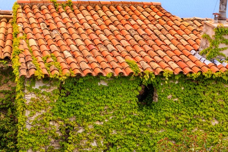 Scenic view of the medieval rooftops and ivy covered walls in the town of Eze village on the French Rivieraの写真素材