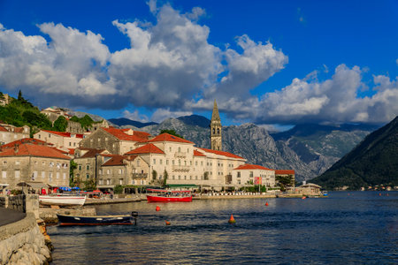 Perast, Montenegro - May 30, 2019: Scenic view of the postcard perfect historic town of Perast, old Venetian city in Kotor Bay on a sunny summer dayのeditorial素材