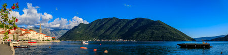 Perast, Montenegro - May 30, 2019: Scenic panorama of a postcard perfect historic town of Perast,...