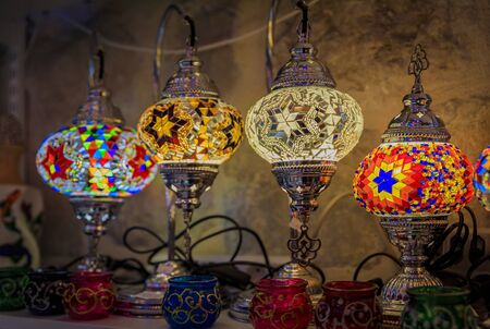 Traditional colorful decorative vintage Turkish oriental lamps for sale in at one of many souvenir gift shops in Kotor old town in Montenegroの写真素材