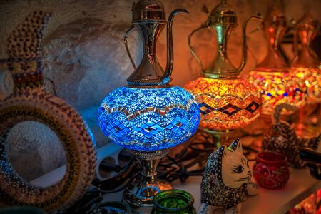 Traditional colorful decorative vintage Turkish oriental lamps for sale in at one of many souvenir gift shops in Kotor old town in Montenegroの写真素材