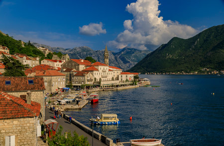 Perast, Montenegro - June 1, 2019: Scenic view of a postcard perfect historic town of Perast, old...