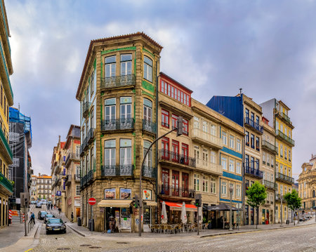 Porto, Portugal - May 29, 2018: Facades of traditional houses decorated with ornate Portuguese azulejo tiles in the streetsのeditorial素材