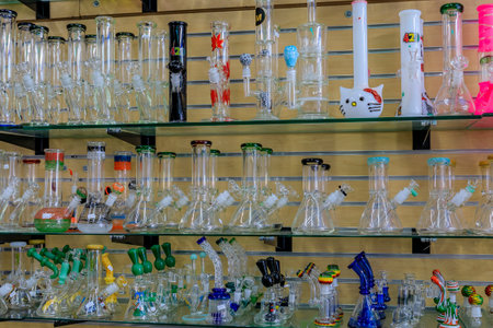 San Francisco, USA - July 04, 2019: Display of glass bongs for smoking medicinal and recreational marijuana or weed, pot in a Haight Ashbury storeのeditorial素材
