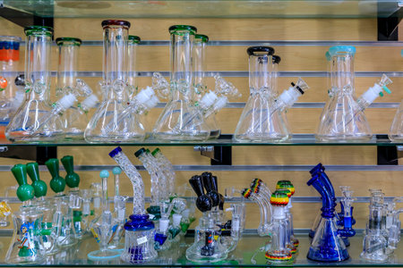 San Francisco, USA - July 04, 2019: Display of glass bongs for smoking medicinal and recreational marijuana or weed, pot in a Haight Ashbury storeのeditorial素材