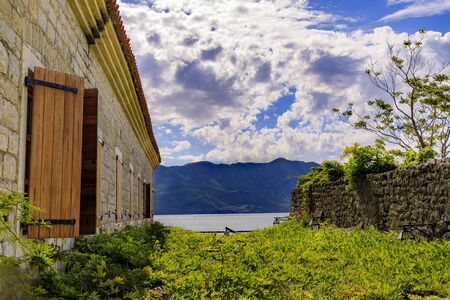 Picturesque stone walls of the 15th century Citadel in the Old town in Budva Montenegro overlooking the Adriatic Sea in the Balkansの写真素材