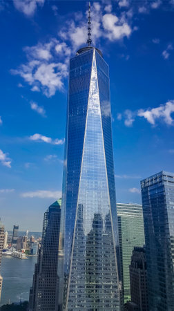 New York - June 1, 2016: World Trade Center Freedom Tower skyscraper in Lower Manhattan with the...