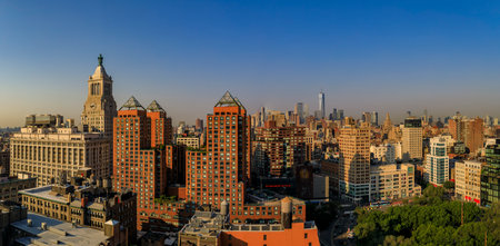 New York USA - July 29, 2019: Aerial panorama of Union Square Park, iconic skyline and skyscrapers in Lower Manhattan on a hazy dayのeditorial素材