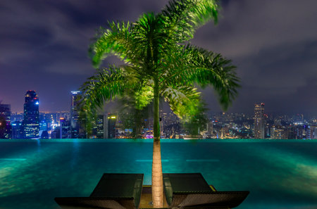 Singapore - September 07, 2019: Famous infinity surf board pool in the Marina Bay Sands luxury hotel...