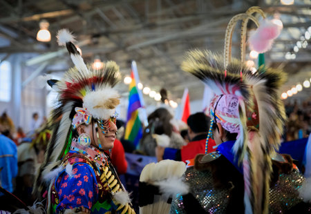 San Francisco, USA - February 08, 2020: Native American Indians wearing intricate porcupine roaches...