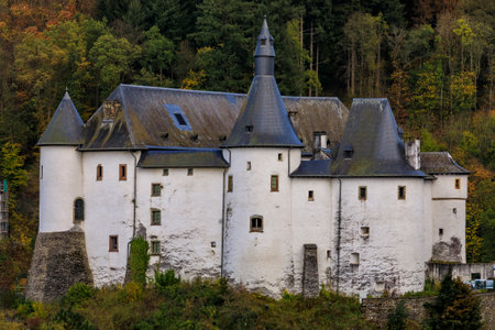 Medieval Clervaux Castle in Luxembourg, dating back to the 12th century with a museum dedicated to WW II Battle of the Bulge in the Ardennesのeditorial素材
