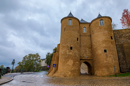 Three Towers, historic monument dating from the 13th centiry in Luxembourg City, UNESCO World Heritage Site, with its ancient wallのeditorial素材