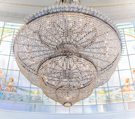 Nice, France - May 27, 2017: Extravagant Baccarat crystal chandelier in the Grand Salon Royal Lounge of the luxury Negresco hotelのeditorial素材