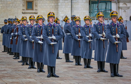 Moscow, Russia - October 10, 2015: Changing of the Presidential Guards ceremony in Kremlin Complex in front of Assumption or Dormition Cathedralのeditorial素材
