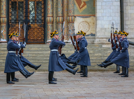Moscow, Russia - October 10, 2015: Changing of the Presidential Guards ceremony in Kremlin Complex in front of Assumption or Dormition Cathedralのeditorial素材