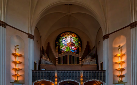 Stockholm, Sweden - August 24, 2017: Organ and interior of Sofia Church in the Sodermalm district, one of city's major churches in Vita Bergen parkのeditorial素材