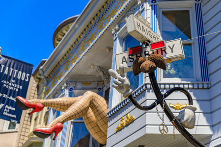 San Francisco, USA - July 04, 2019: Iconic sculpture with female legs in fishnet stockings and red heels in a window in Haight Ashbury neighborhoodのeditorial素材