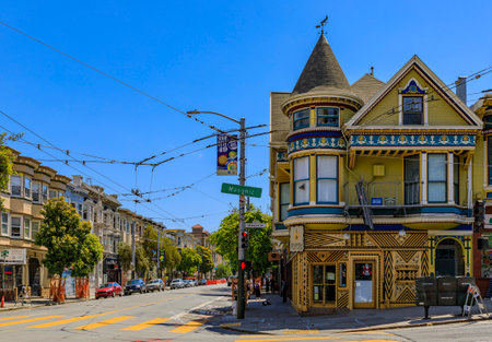 San Francisco, USA - July 04, 2019: Old Victorian houses in the famous eclectic Haight Ashbury neighborhood, hippie area of the cityのeditorial素材