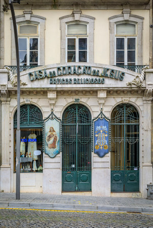 Porto, Portugal - May 29, 2018: Facade of Casa do Coracao de Jesus or House of Heart of Jesus religious articles shop in traditional art nouveau houseのeditorial素材