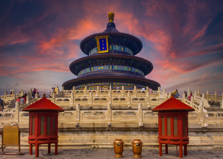 Beijing, China - September 18, 2013: Sunset at Hall of Prayer for Good Harvests building in the Temple of Heaven, UNESCO World Cultural Heritage Siteのeditorial素材