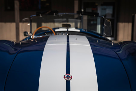 Placerville, USA - November 25, 2020: Classic rare American muscle car, convertible vintage blue...