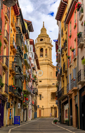 Pamplona, Spain - June 21 2021: Catedral de Santa Maria la Real, 15th Century Gothic church, Neoclassical facade designed by Ventura Rodriguez in 1783のeditorial素材