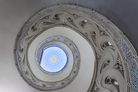 Pamplona, Spain - June 21 2021: Ornate spiral staircase of the Catholic Catedral de Santa Maria la Real, 15th Century Gothic Cathedralのeditorial素材