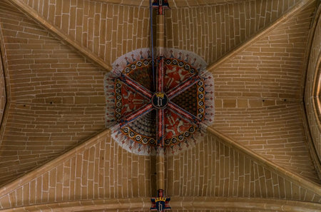 Pamplona, Spain - June 21 2021: Ornate ceiling of the Catholic Catedral de Santa Maria la Real, 15th Century Gothic Cathedralのeditorial素材