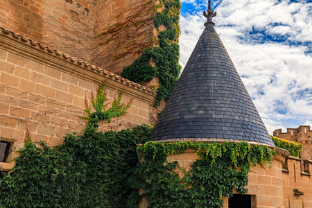 Olite, Spain - June 23, 2021: Tower of of the ornate gothic architecture of the palace of the Kings of Navarre or Royal Palace of Olite in Navarraのeditorial素材