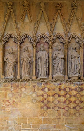 Romanesque portal of the Santa Maria la Real church decorated with carvings and statues of the...