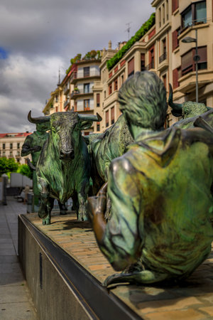 Pamplona, Spain - June 22, 2021: Encierro, 1994 monument dedicated to the internationally known San Fermin Bull Run by Rafael Huerta in the old townのeditorial素材