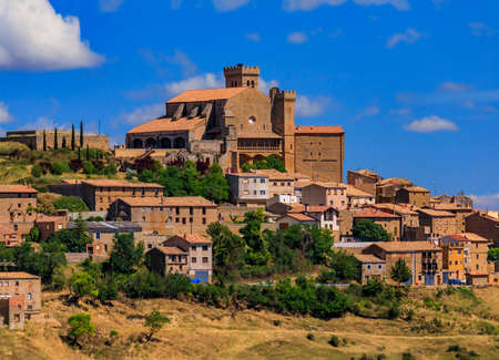 Picturesque view of the hilltop medieval village of Ujue in Navarra, northern Spain on ancient pilgrim route Camino de Santiago or Way of St Jamesの写真素材