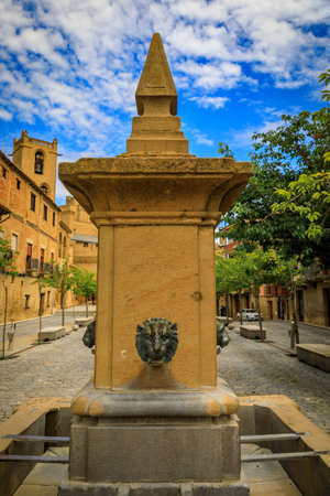 Medieval stone drinking fountain with a lion head on Plaza Carlos III El Noble town square near the magnificent Royal Palace castle in Olite, Spainの写真素材