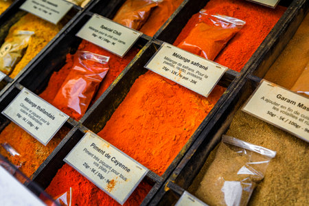 Bulk spices, cayenne and chili peppers, saffron, garam masala and more at a local market Cours Saleya in the Old Town Nice, French Riviera, Franceの写真素材