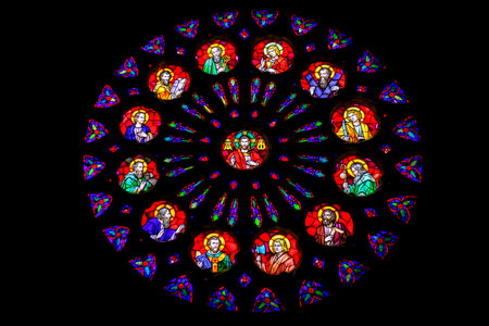 San Sebastian, Spain - June 26, 2021: Stained glass rose window in the 16th century San Bizente...
