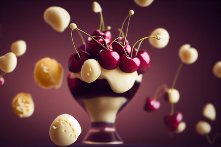 Delicious ice cream sundae with glistening cherries and chocolate syrup in a bowl, food photography and illustrationの写真素材