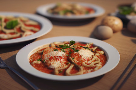 Italian pasta in red tomato sauce with chicken and basil, light background, selective focus, food...
