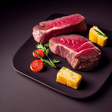 Beautifully plated steak and condiments on black background, flat lay, food photography and illustrationの写真素材